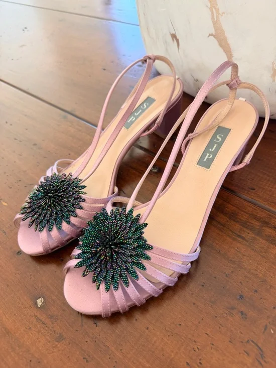 SJP Sarah Jessica Parker - Pink Beaded Floral Slingback Sandals - Picture 2 of 8